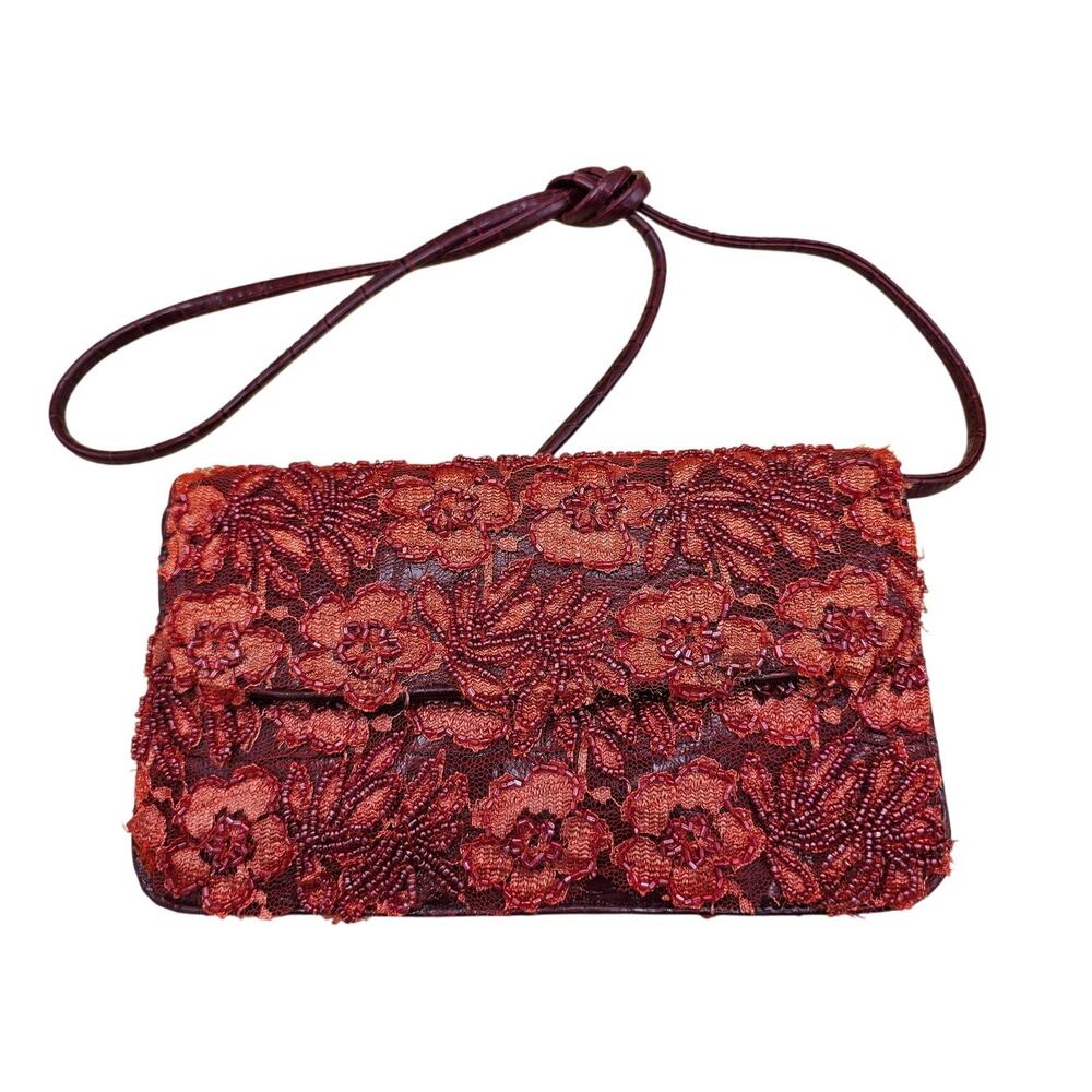 Red Floral Beaded Shoulder Bag Detailed Glossy Purse Multiple Compartments Pink